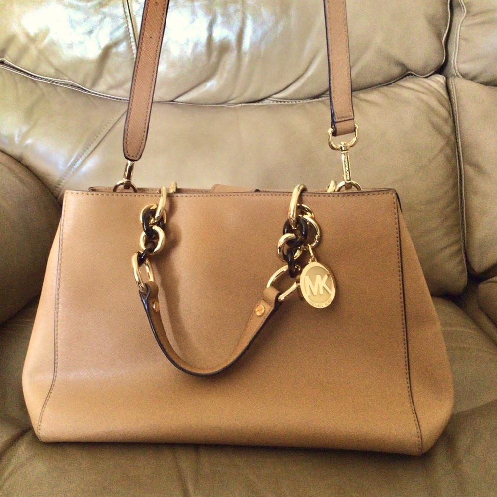 Michael Kors Cynthia Satchel Chain Leather Shoulder Bag in Camel